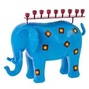 (D) Judaica Menor Blue Elephant Metal Candle Holder Home Decor 11'' L