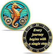 Steampunk Seahorse Sobriety Coin, 12 Steps Inspirational Recovery Token, Every Journey Begins with a Single Step AA Chip, Sober Gift for Men & Women, One Day at a Time Medallion