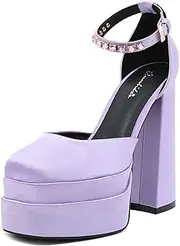 [Stupmary] Womens Platform Chunky High Block Heels Ankle Strap Buckles Satin Heels Pumps Fashion Dress Party Shoes