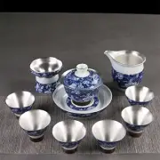 pure silver porcelain tea set Jingdezhen blue-and-white china gaiwan tea cups