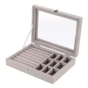 7 Slots Velvet Ring Jewelry Box Organizer 9 Grid with Glass Lid, Grey