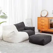 Double Bean Bag Sofa Cover+Footstool Cover(No Filler) Extra Large Washable Gaming Lazy Sofa Lounger Beanbag Chair Covers for Adults Kids and Teens,Beige White+Dark Gray