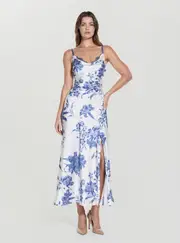 GUESS Women's Blue Floral Print Adele Lace Maxi Dress Size: XL, Elastane