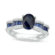 Oval Lab-Created Blue and White Sapphire Bow Shank Ring in Sterling Silver