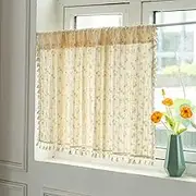 Plobeca Floral Kitchen Curtains Semi Sheer Boho Tassel Farmhouse Small Short Vintage Rod Pocket Drapes Patterned Country Rustic Window Treatment Tiers (A, W65XH30cm)