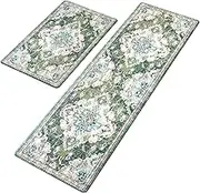MATBAR Anti Fatigue Kitchen Mats for Floor 2 Piece Set Green Cushioned Kitchen Rugs Non-Skid Waterproof Boho Comfort Floor Mat Runner for Standing Office Laundry(17x29+17x59Inch)