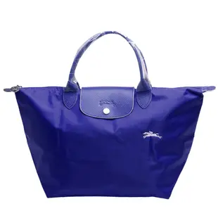 LONGCHAMP 經典LE PLIAGE系列刺繡摺疊暗釦/拉鍊短提把尼龍水餃包(中-鈷藍色)