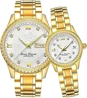 Couples Automatic Self-Wind Watches Calendar Date Luxury Stainless Steel Men and Women Pair Watches His and Hers Automatic Watch Gifts Set of 2