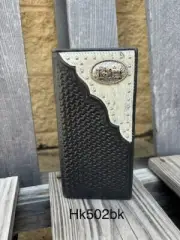 Basketweave & Cowhide Leather Wallet Praying Cowboy Concho In Black