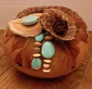 Artisan Signed Gourd Southwest Amazonite Stone Beads Pheasant Feathers Pine Ndls