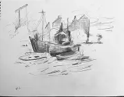 Barge In Harbor Pencil Drawing Nautical Gloucester Realist Art On Paper 11x14