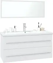 'vidaXL Modern White Bathroom Furniture Set - Engineered Wood Sink Cabinet with Drawer, Built-in Basin, Wall-Mountable Storage Unit and Acrylic Mirror