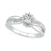 Oval Lab-Created White Sapphire Starburst Frame Crossover Split Shank Ring in Sterling Silver