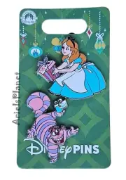 Disney Parks CHRISTMAS Holiday Alice in Wonderland & Cheshire Cat Pin Set