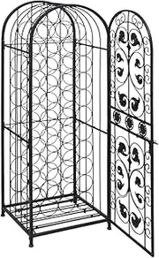 'vidaXL Freestanding Wine Rack - Chic Design, Metal/Wrought Iron, Black, Industrial/Modern Style, Holds Up to 45 Bottles with Side Lock Door