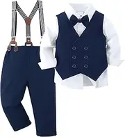 [Lufebut] Boy Gentleman Suits 5 PCS Kids Formal Wedding Tuxedo Outfits Long Sleeve Shirt with Bowtie + Vest + Suspender Pants 6-10 Years