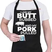 Funny Apron for Men - I Like My Butt Rubbed And My Pork Pulled - Adjustable Large 1 Size Fits All - Poly/Cotton Apron with 2 Pockets - BBQ Gift Apron for Father, Husband, Chef
