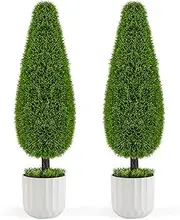 Giantex 90cm Artificial Cedar Teardrop Shaped Bush, Potted Topiary Plant w/Plastic Nursery Pot, Faux Vines, Sun-Protective Indoor Outdoor Greenery Decoration for Home, Office, Doorway, 2 Pack