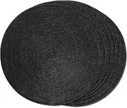 FunWheat Round Braided Placemats Set of 6 Place Mats for Dining Table Woven Washable Non-Slip Table Mats 15 Inch (Black, 6pcs)