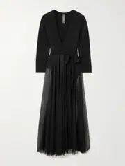 [Norma Kamali] Norma Kamali - Pleated Mesh-trimmed Stretch-jersey Midi Dress - Black - small small Black