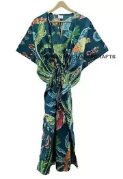 Indian Blue Long Peacock Print Cotton Plus Size Maxi Women Cover up Caftan Dress
