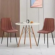 BRIBRION Dining Table and Chair Sets Round Velvet Faux Leather Multi-Colour PU White/Blue/Brown/Green/Grey/Gray (Table Wood Leg+X2 PU Brown)