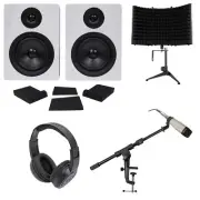 (2) Rockville 5.25" 250W Studio Monitors+Mic+Headphones+Stand+Shield+Pads