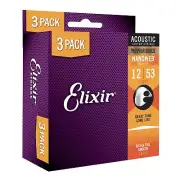 Elixir Acoustic Guitar Strings 3 Pack Phosphor Bronze NANOWEB Coating 12 53