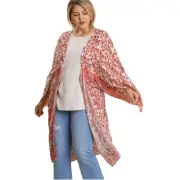Umgee Red/Cream Boho Floral Wing Sleeve Kimono / Beach Cover Up Plus Size XL/1XL