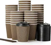 [MOTYYA] 12 oz Paper Coffee Cups with Lid and Straws, Disposable Leakfree Anti-Slip Anti-Spill Insulated Triple Wall Togo Takeaway Paper Cups for Hot Cold Drink Chocolate Juice Tea [Black Lid, 50 Packs]