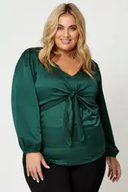 Green Peplum Top Long Sleeve Tie Front
