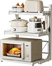 ABCOOL Retractable Microwave Oven Rack Pull Out Snap-in for Kitchen Baker Storage Organizers Holder, 2 Axial Expandable and Height Adjustable Carbon Steel Shelf Counter Countertop with 3 Clip Hooks