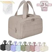 [Generic] Cureaway Travel Cosmetic Bag, Large Capacity Wide-Open Travel Cosmetic Bag, 4-in-1 Puffy Multi-Functional Toiletry Bags for Women, Waterproof Portable Pouch Open Flat (Brown)