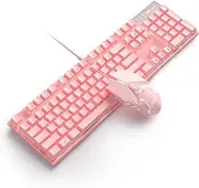 Pink Mechanical Gaming Keyboard and Mouse Combo, MageGee MK-Storm 104 Keys White Backlit Keyboard with Blue Switches, 7 Buttons LED Mouse Wired for PC Gamer Computer Laptop