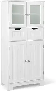 Giantex Floor Storage Cabinet with 4 Doors, Freestanding Bathroom Cabinet with 2 Glass Doors, 2 Drawers & Adjustable Shelves, Multifunctional Storage Organizer Cupboard for Kitchen Living Room, White