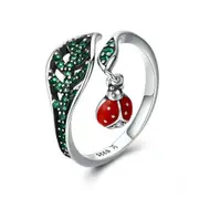 Silver plating Resting Ladybug Dangle In Tree Leaves Finger Rings for Women Jewelry Gift