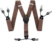 [Aiko Fashion] Men's 35mm Wide Suspenders 6 Clips Adjustable Elastic Leather Braces Solid Color or Pattern (Brown)