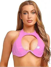 [Yeahdor] Women's PU Leather Push Up Underwire Bras Halter Neck Cutout Crop Cami Tops Party Clubwear