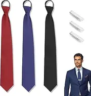 [PYSEOSISE] Pack of 3 Men's Ties, Pre-Tied Adjustable Ties with Zip, Tie Pre-Tied and 3 Tie Clips for Wedding, Business, Office, School