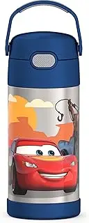 THERMOS FUNTAINER Water Bottle with Straw - 12 Ounce - Kids Stainless Steel Vacuum Insulated Water Bottle with Lid, Cars