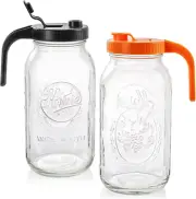 2 Pack Wide Mouth Half Gallon Glass Mason Jar Pitcher with Handle Lids, 64Oz Wat