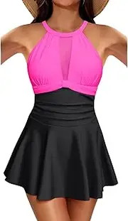 [Holipick] Women's One Piece Swim Dress High Neck Swimsuit Tummy Control Halter Modest Skirt Bathing Suits Long Swimdress