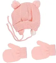 [Ipetboom] 1Set Knitted Hat and Gloves Set Warm Pompom Ear Flap Beanie with Matching Knit Gloves Soft and Cozy Crochet Costume Set Pink