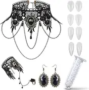 [Yumoin] 9 Pieces Black Lace Necklace Bracelet Earrings Set Vampire Teeth Fangs Gothic Vintage Pendant Choker for Halloween Costume Accessories