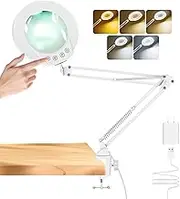 Mandland 10X Magnifying Glass with Light and Clamp, Real Glass Lighted Magnifier with 5 Color Modes & Stepless Dimmable, Hands Free Desk lamp for Hobbies, Crafts, Reading and Close Work (White)