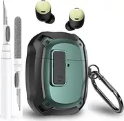 [Olytop] for Google Pixel Buds Pro/Pro 2 Case Cover with Lock Clip & Cleaner Pen 2022/2024, Rugged Armor Shockproof Protective Hard Shell Skin with Carabiner Men Women - Black/Green