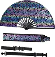 Perfeclan Foldable Hand Fan Holographic Handheld Fan Large Decorative Fan with Storage Bag and Strap for Club Dancing Party Favor, Reflective
