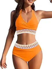 [AI'MAGE] Women High Waisted Bikini Sets Tummy Control Swimsuits Two Piece Swim Suits 2025 Color Block Halter Bathing Suits