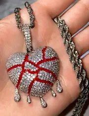 Men's Silver Iced BLEEDING Dripping Blood Broken Heart Icy Pendant Rope Necklace