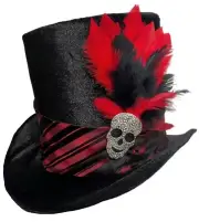 Tall Top Hat Black Velvet Skull Red Feathered Gothic Vampire Steampunk Horror